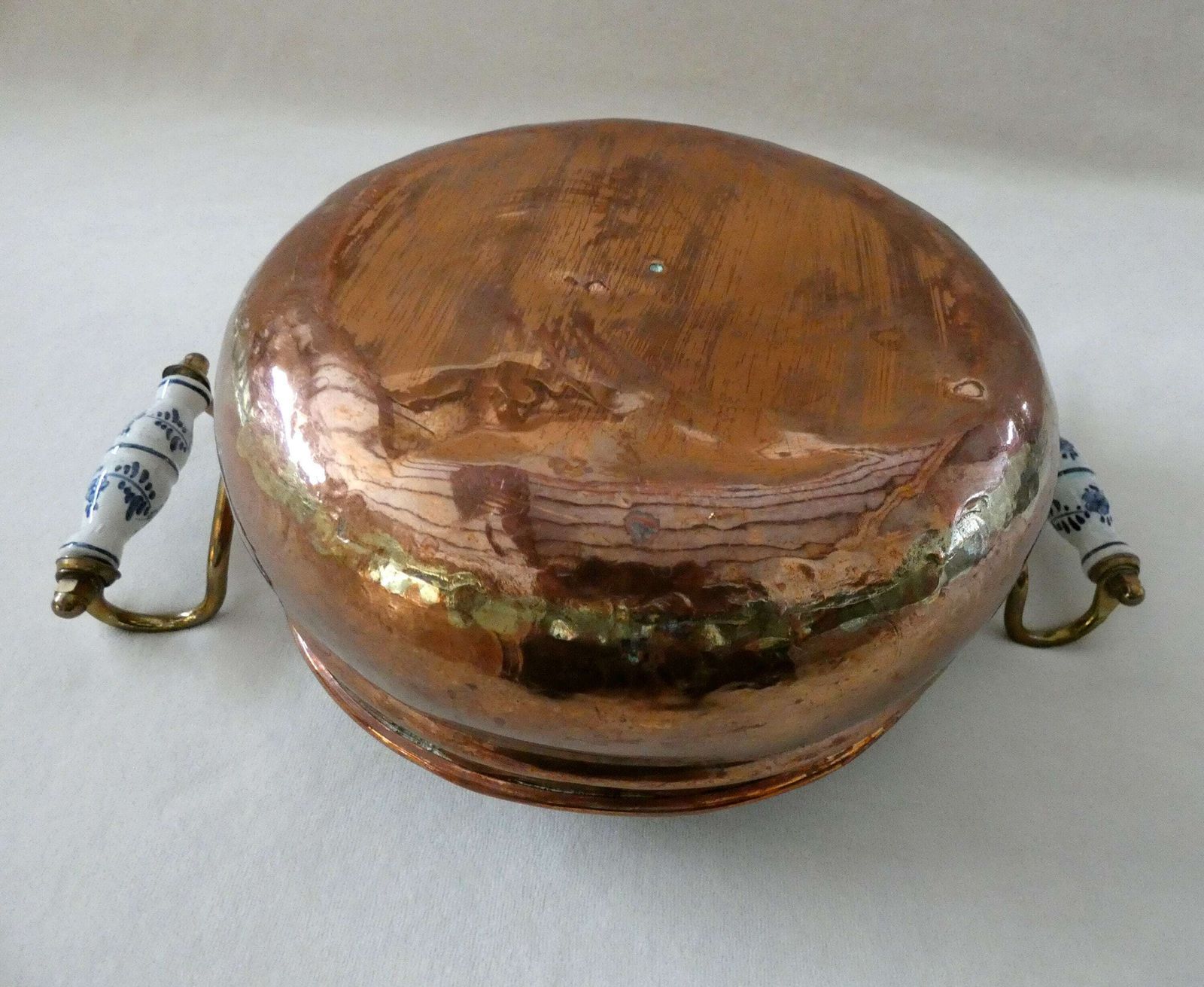 Vintage French Copper Planter Antique Jardiniere Delft Ceramic Handles photo vintage