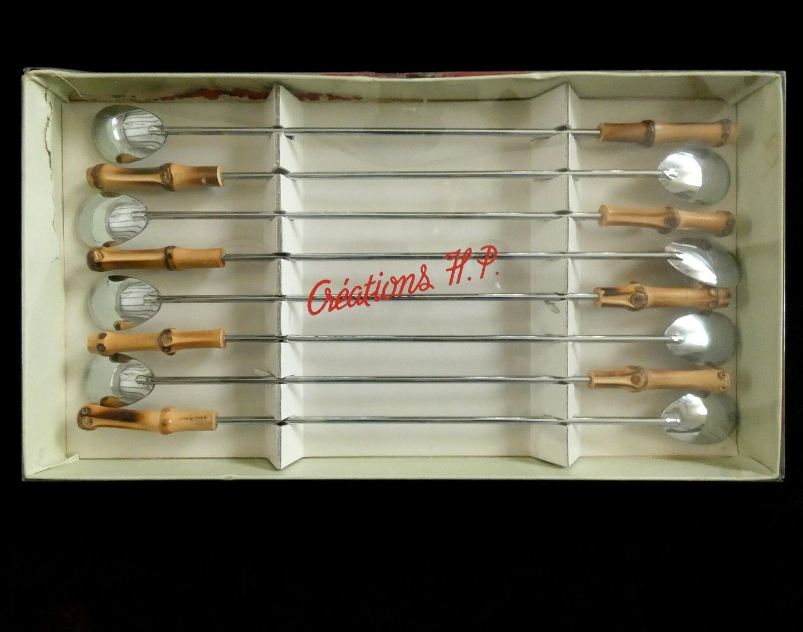Franse Cocktaillepels Met Bamboesteel – Set Van 8 | Lange Steel | Mid Century Barware