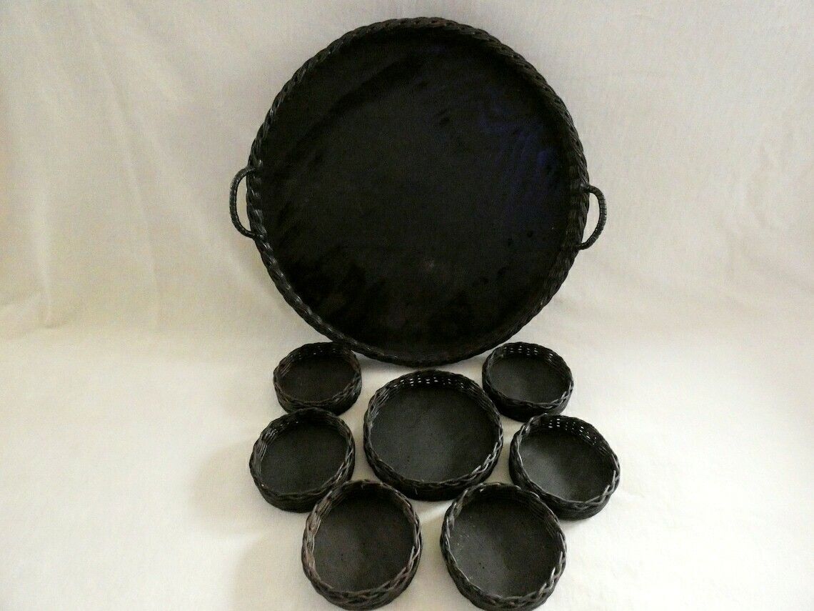 Large French Wicker Tray, Vintage Woven Rattan Platter, Rustic French Round Wicker Serving Set, Vintage French Wicker Basket photo 105.0