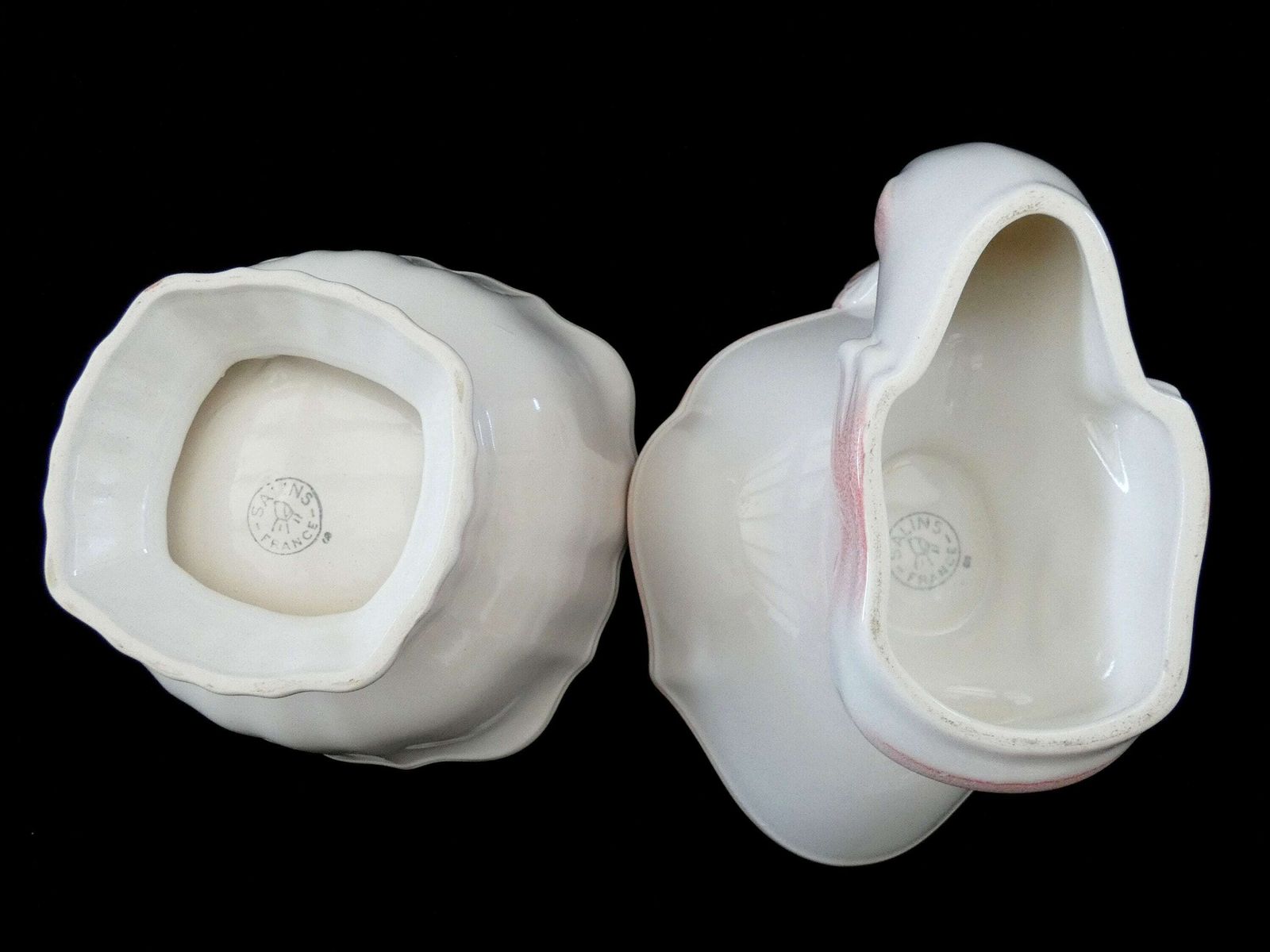 photo furniture 2 Vintage Salins Les Bains Serving Bowls French Pink Ceramic Boat Fish Shaped Majolica Glaze 50s