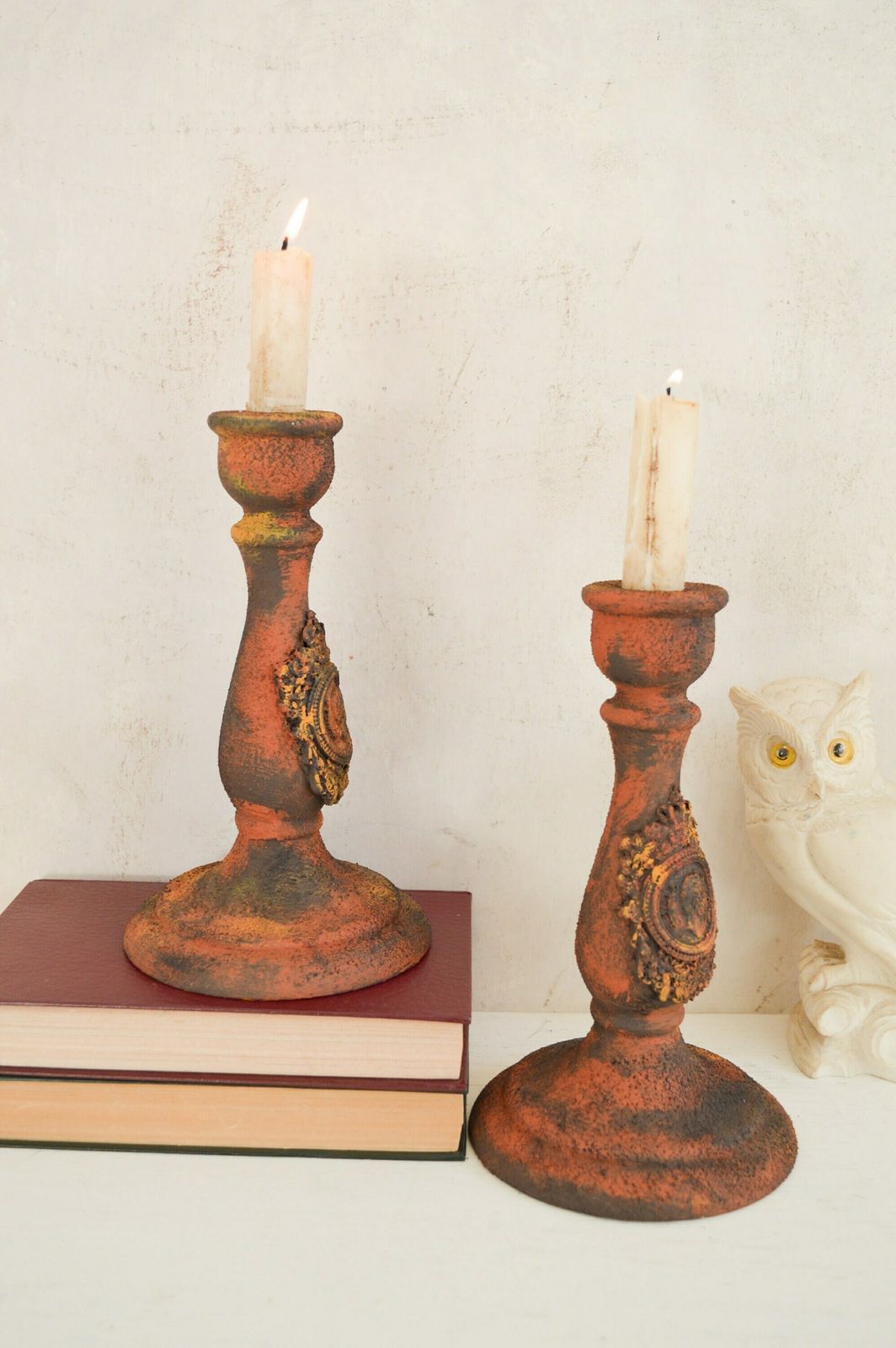 Rust Effect Pair Candle Holders, Hand Painted Black Primitive Ornate Candle Stick, Gothic Handmade Aged Black Brown Gritty Holders photo 50.0
