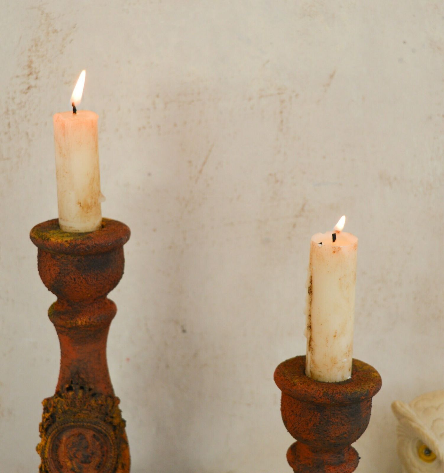 Rust Effect Pair Candle Holders, Hand Painted Black Primitive Ornate Candle Stick, Gothic Handmade Aged Black Brown Gritty Holders photo buy