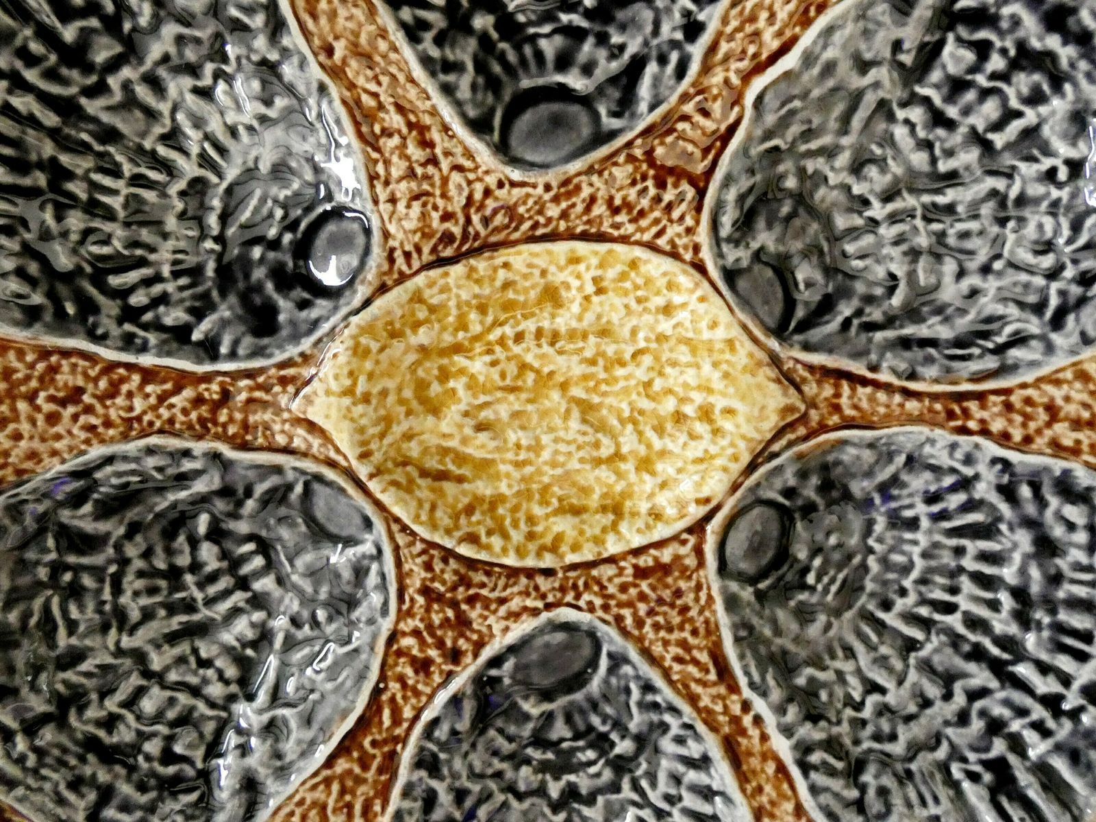 19th Century French Provencal Faience Oyster Plate Antique Rustic Palissy Brown Grey Yellow Majolica Oyster Platter photo 177.0