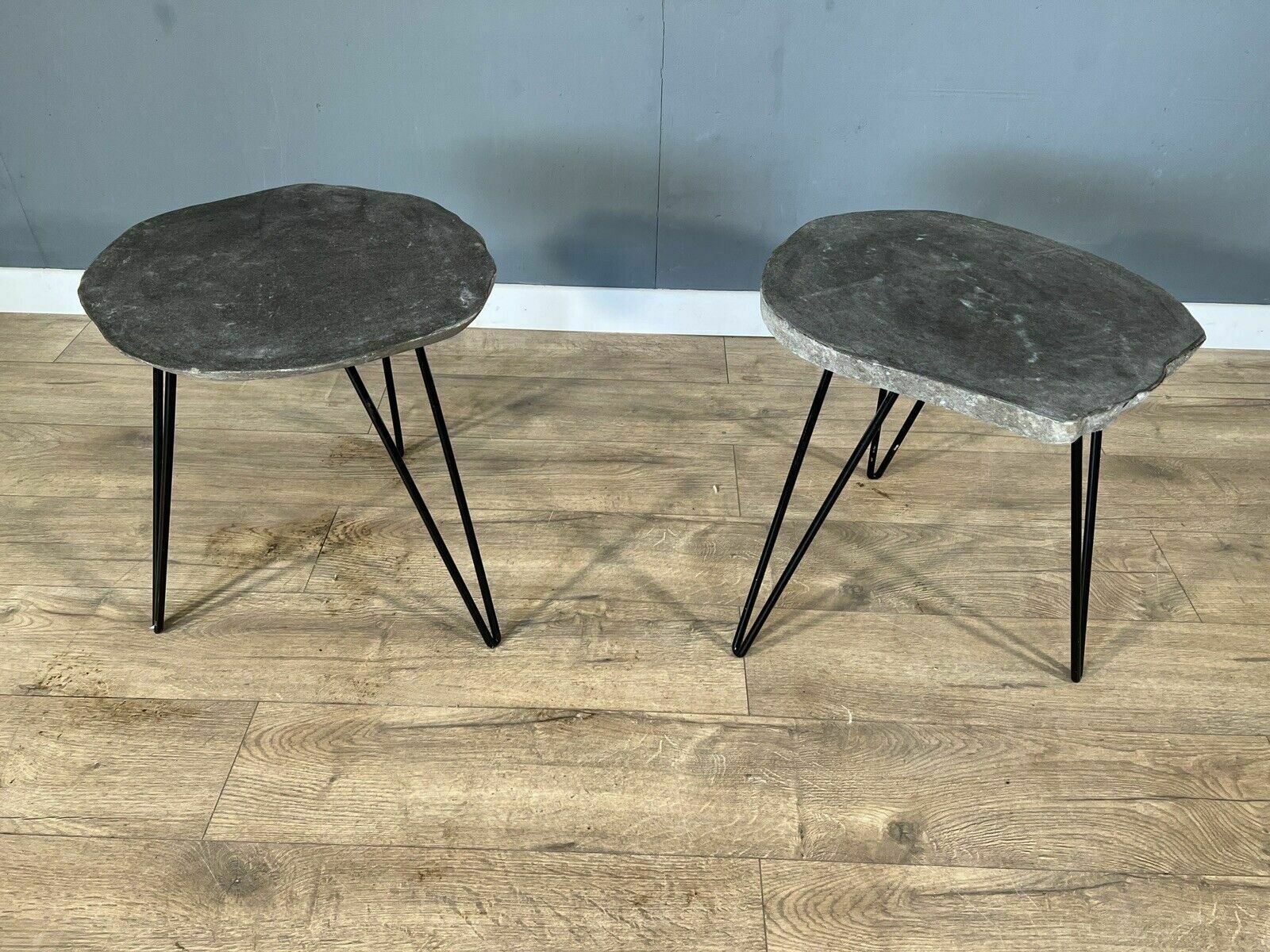 Pair Of Modern Stone Side Tables On Hairpin Legs photo furniture