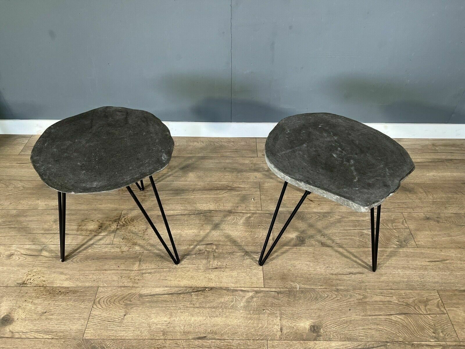 Pair Of Modern Stone Side Tables On Hairpin Legs photo vintage