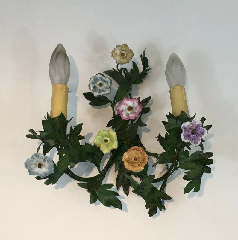 Pair Of Decorative Iron Sconces With Porcelain Flowers. French. Circa 1960 photo for sale