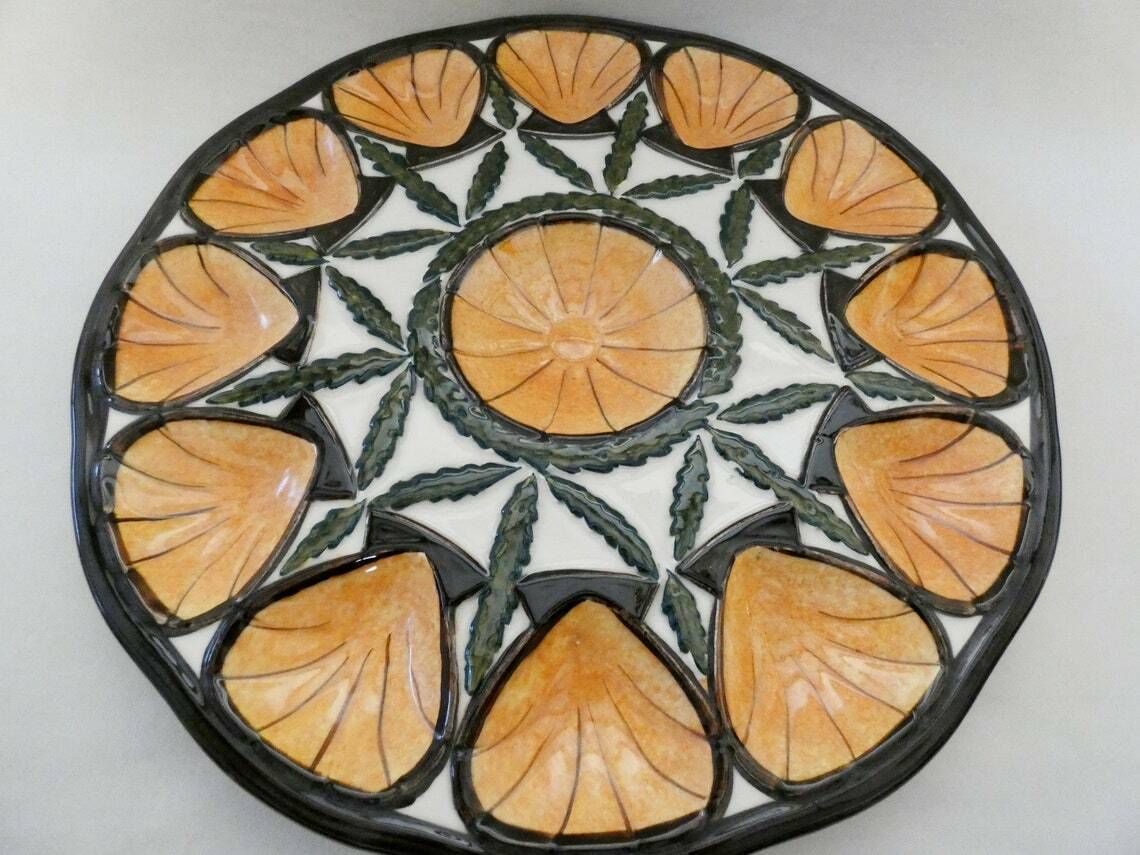 Large Vintage St Jean De Bretagne Oyster Platter, Majolica Oyster Plate, Mid Century French Ceramic Oyster Serving Platter photo Home Decor