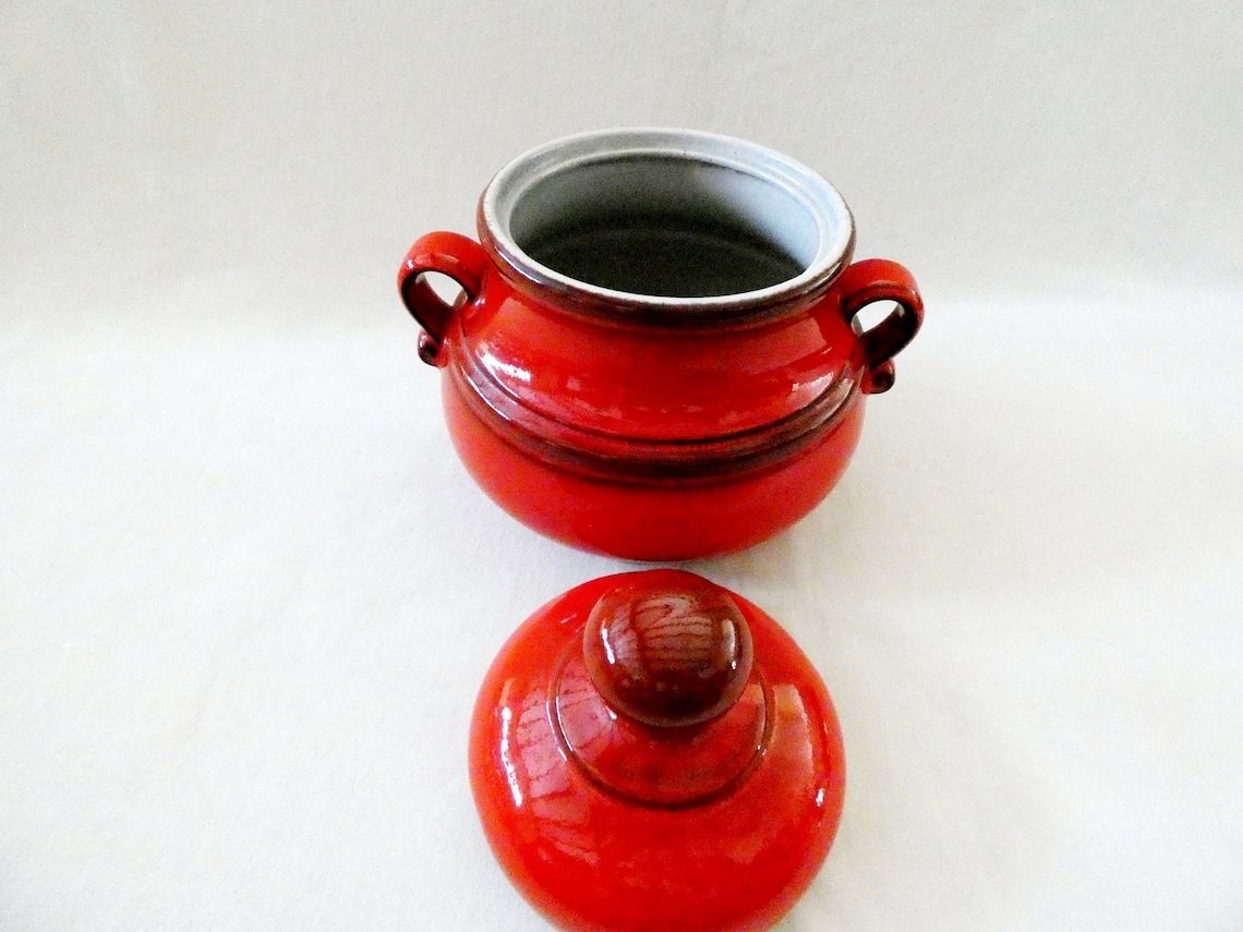 Large Vintage French Tureen, Red Ceramic Dinnerware, Mid Century Majolica Soup Tureen photo vintage