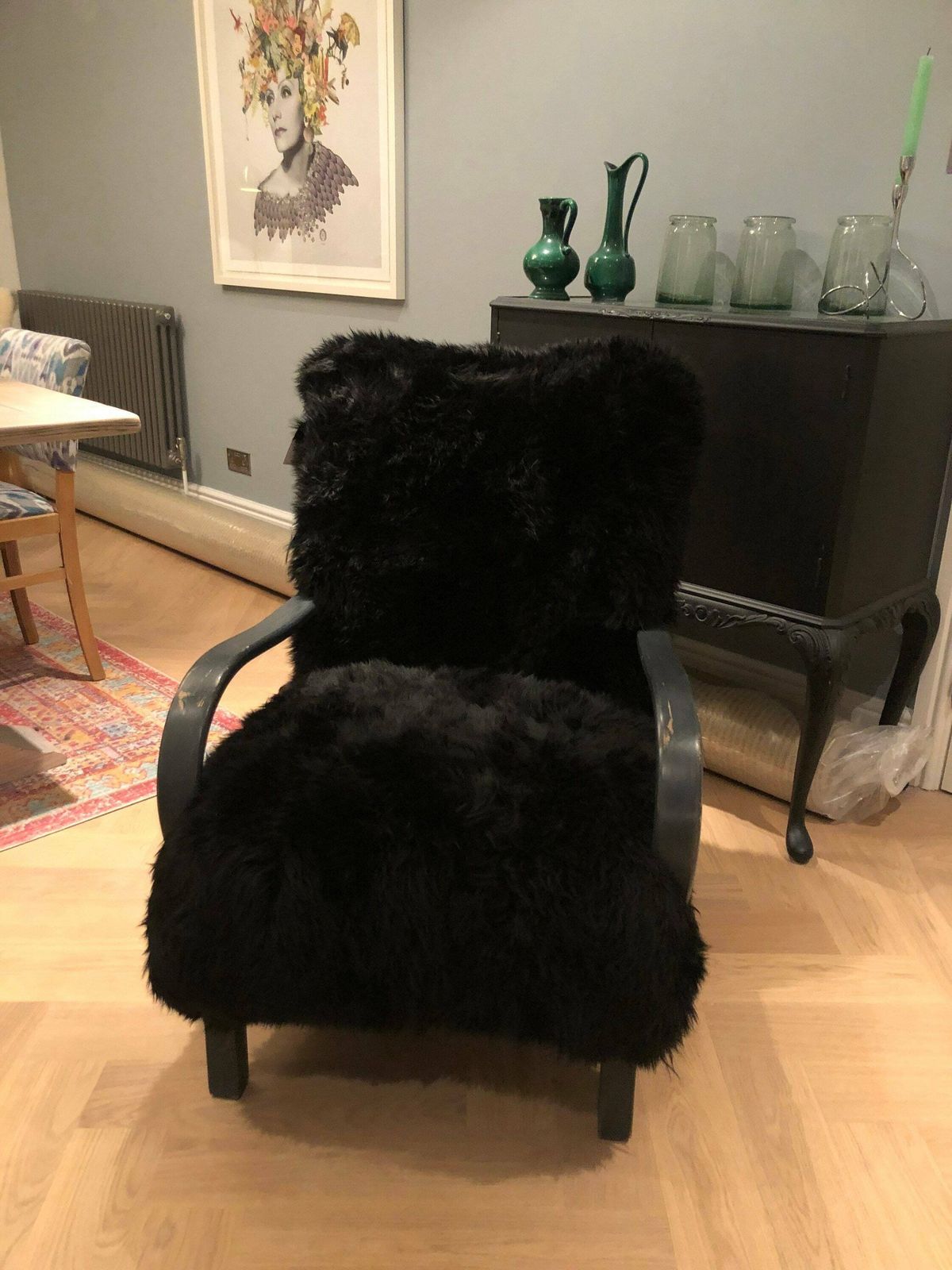 Black Sheepskin Chair, Genuine Sheepskin, Black Sheepskin Armchair, Bentwood Chair, Halabala Style , Black Sheepskin Chair, Sheepskin Chair. photo furniture