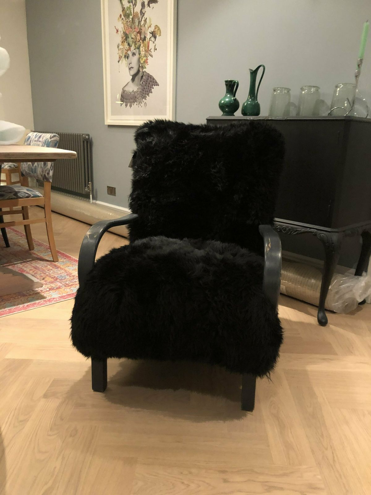 Black Sheepskin Chair, Genuine Sheepskin, Black Sheepskin Armchair, Bentwood Chair, Halabala Style , Black Sheepskin Chair, Sheepskin Chair. photo Furniture