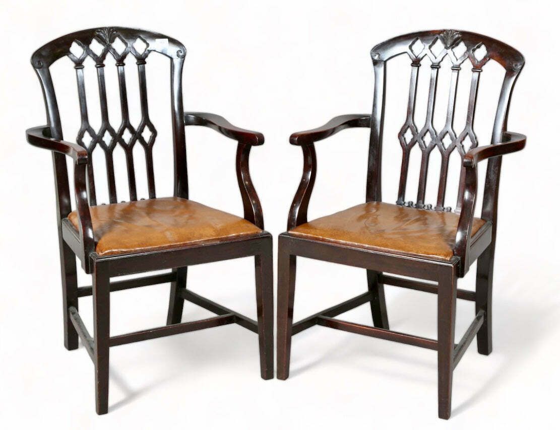 Exceptional Set Of Eight Georgian English Country House Carved Mahogany & Supple Aged Leather Chippendale Dining Chairs Circa 1830