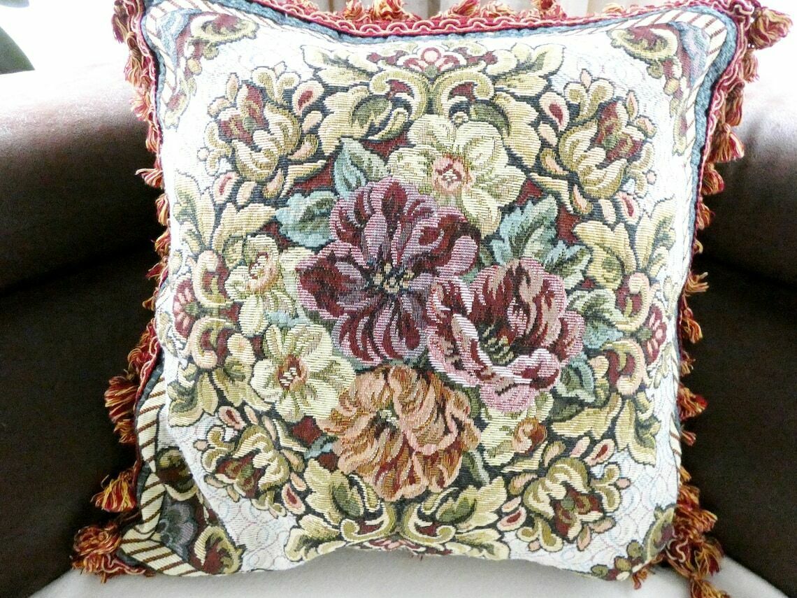 Vintage Large Country Tapestry Cushion Cover, Authentic French Floral Pillow, Tassels And Fringe Pillow, Vintage French Home Decor