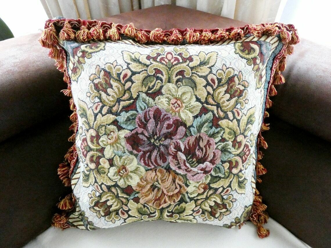 Vintage Large Country Tapestry Cushion Cover, Authentic French Floral Pillow, Tassels And Fringe Pillow, Vintage French Home Decor photo furniture