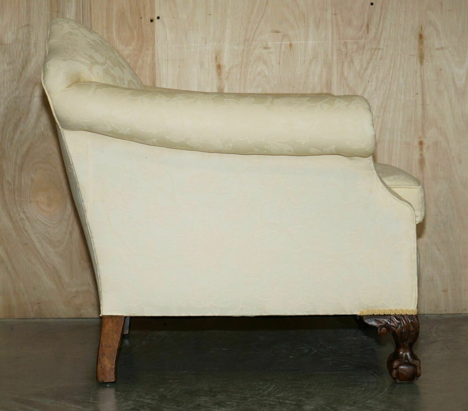 photo vinterior Pair Of Antique Edwardian 1910 Hand Carved Claw & Ball Feet Fabric Armchairs