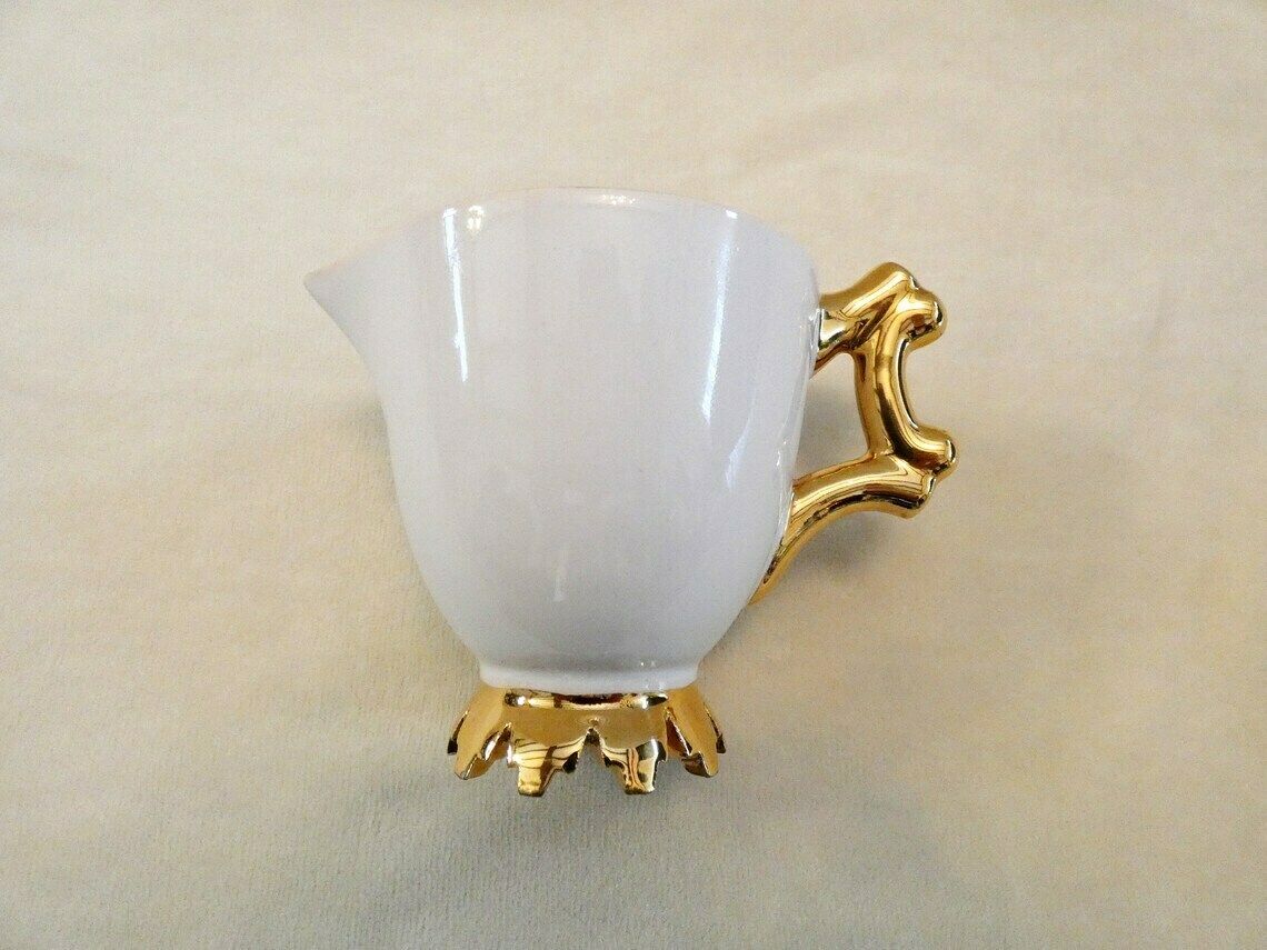 Antiek Italiaans melk-/roomkannetje, vintage wit en 22k goud, wit melkkannetje vintage Italiaans porselein, zeldzaam melkpotje, Italië jaren 1930 photo 74.0