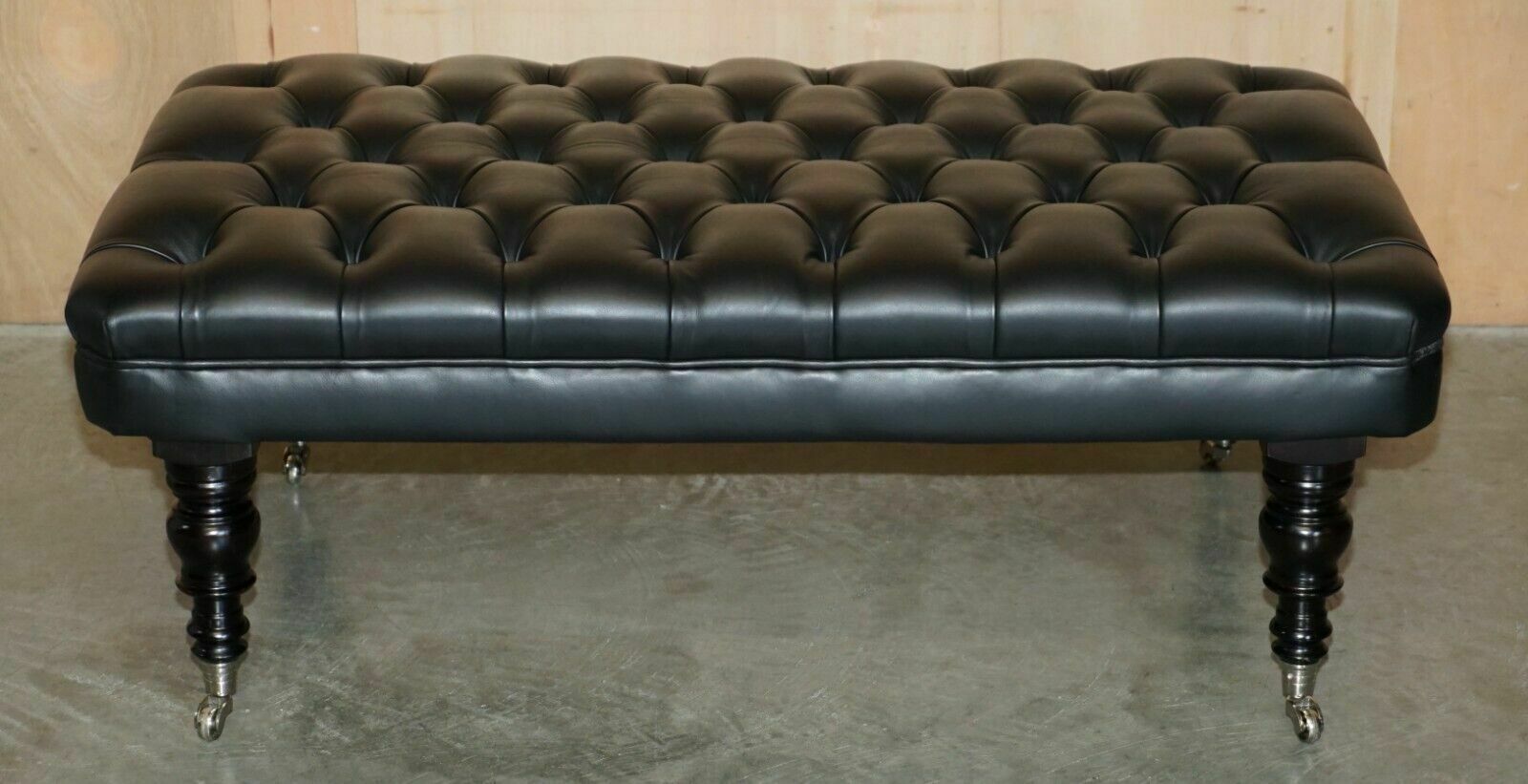1 Of 2 George Smith Extra Large Chesterfield Black Leather Tufted Footstools photo furniture