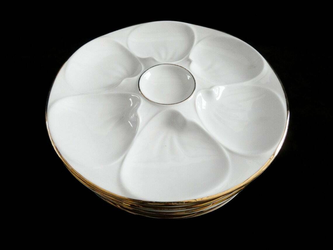 6 Vintage Bavaria Edelstein Oesterborden – Wit Porselein Met Gouden Rand – Duits Aardewerk, Jaren 1930 photo vintage