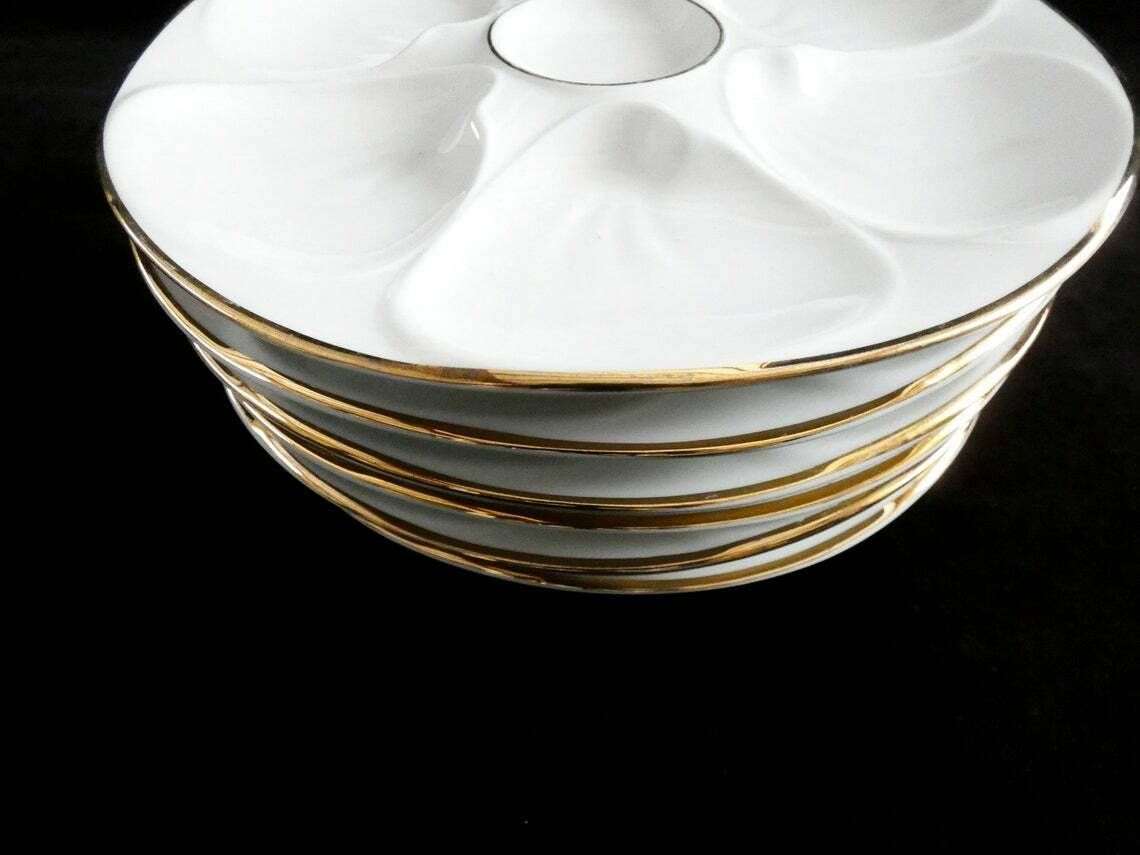6 Vintage Bavaria Edelstein Oesterborden – Wit Porselein Met Gouden Rand – Duits Aardewerk, Jaren 1930 photo vinterior