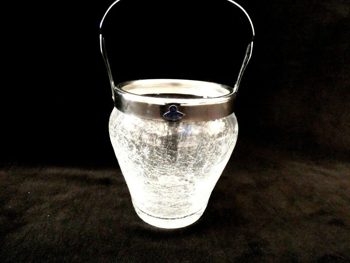 Vintage Crackled Glass Ice Bucket Demeyere, Bar Accessories Demeyere Crystal Ice Bucket, Barware Belgium 1950s