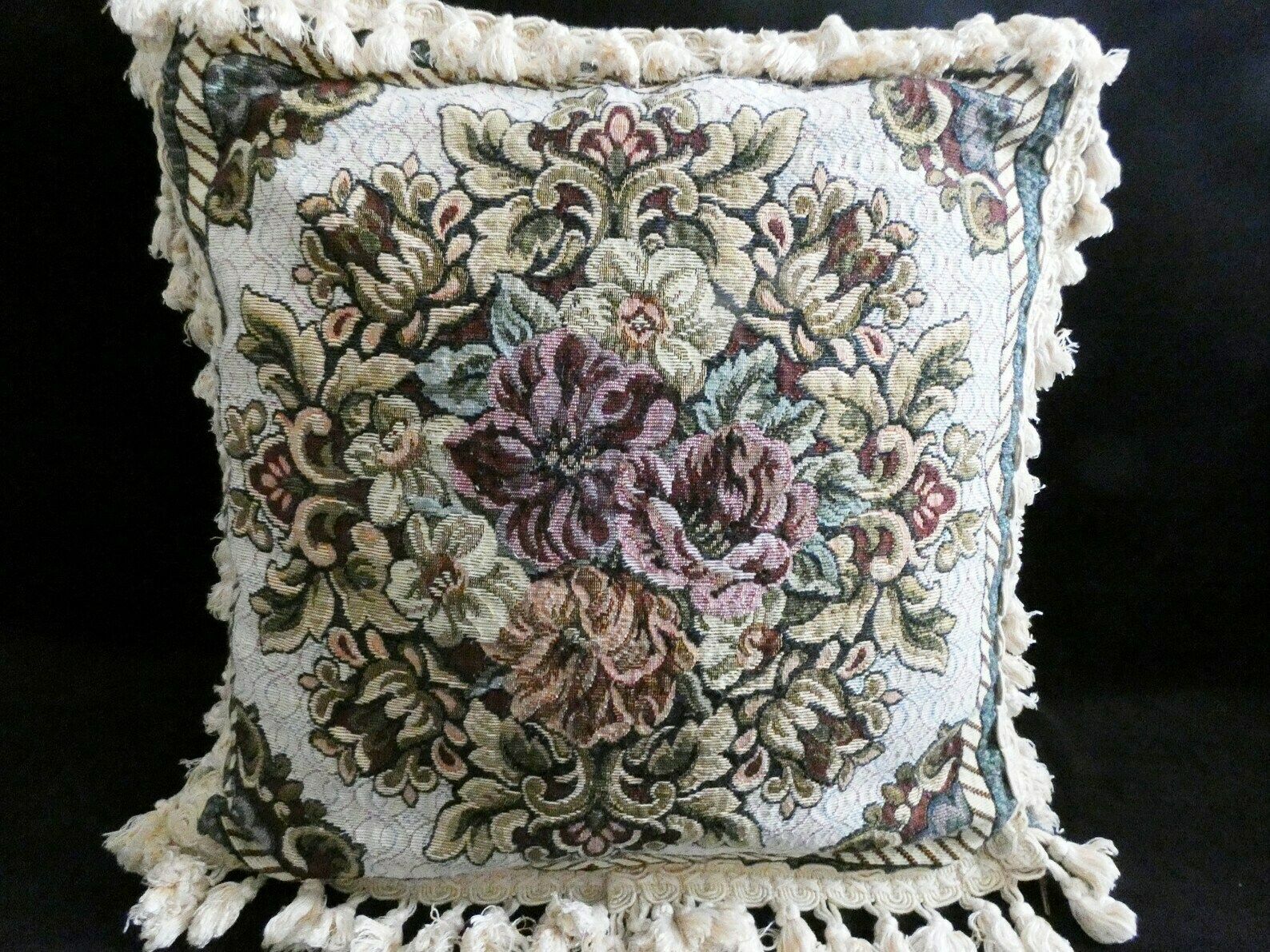 Vintage French Country Sofa Cushion, Tapestry Pillow, Tassels And Fringe Floral Pillow, Mid Century Home Decor France photo vintage