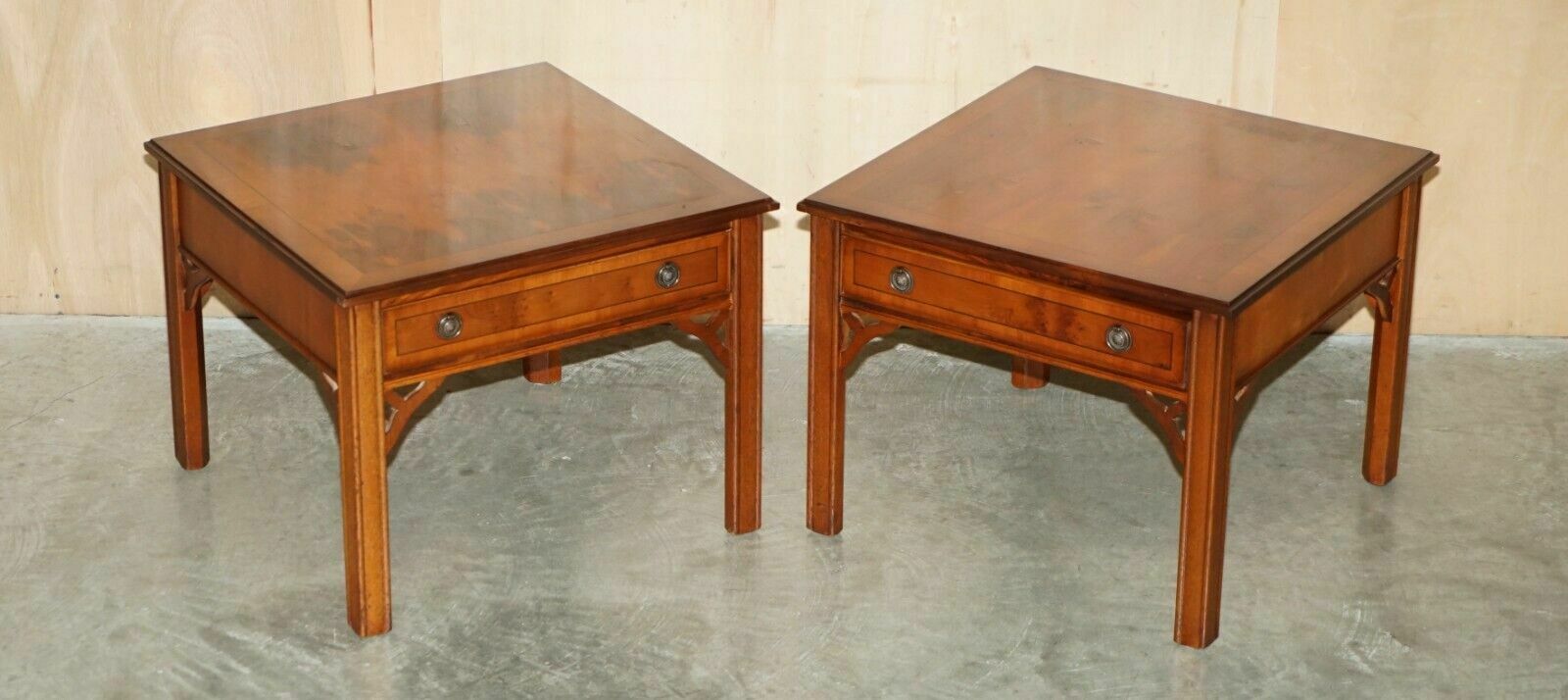 Lovely Pair Of Burr Yew Wood Side End Lamp Wine Tables With Large Single Drawers photo furniture