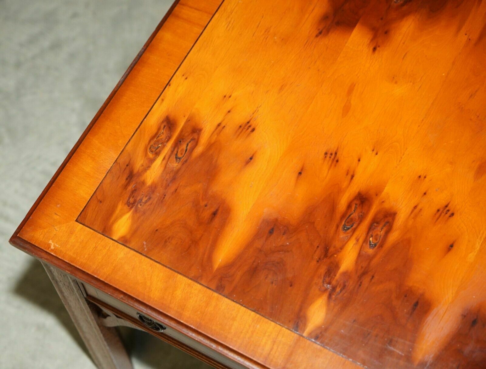 photo furniture Lovely Pair Of Burr Yew Wood Side End Lamp Wine Tables With Large Single Drawers
