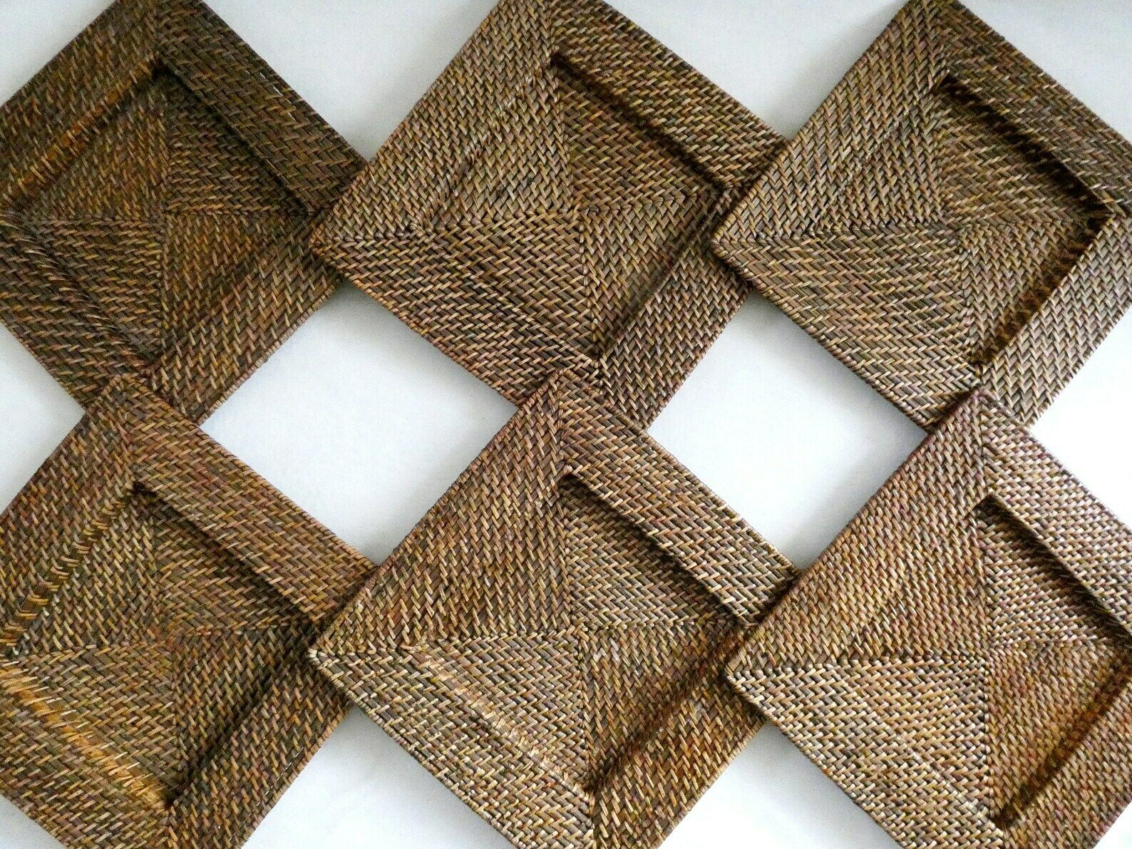 Vintage Rattan Chargers Plates, Wicker Square Placemats, French Weave Pads, Boho Table Decor 70s