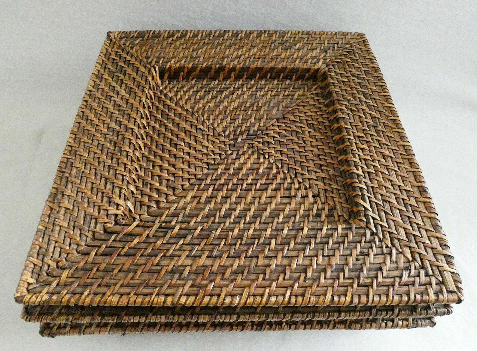 Vintage Rattan Chargers Plates, Wicker Square Placemats, French Weave Pads, Boho Table Decor 70s photo for sale