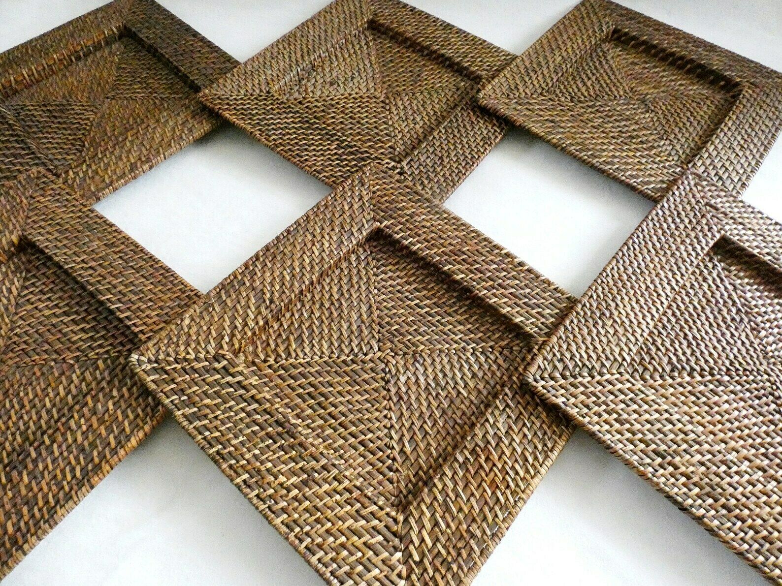 Vintage Rattan Chargers Plates, Wicker Square Placemats, French Weave Pads, Boho Table Decor 70s photo Home Decor