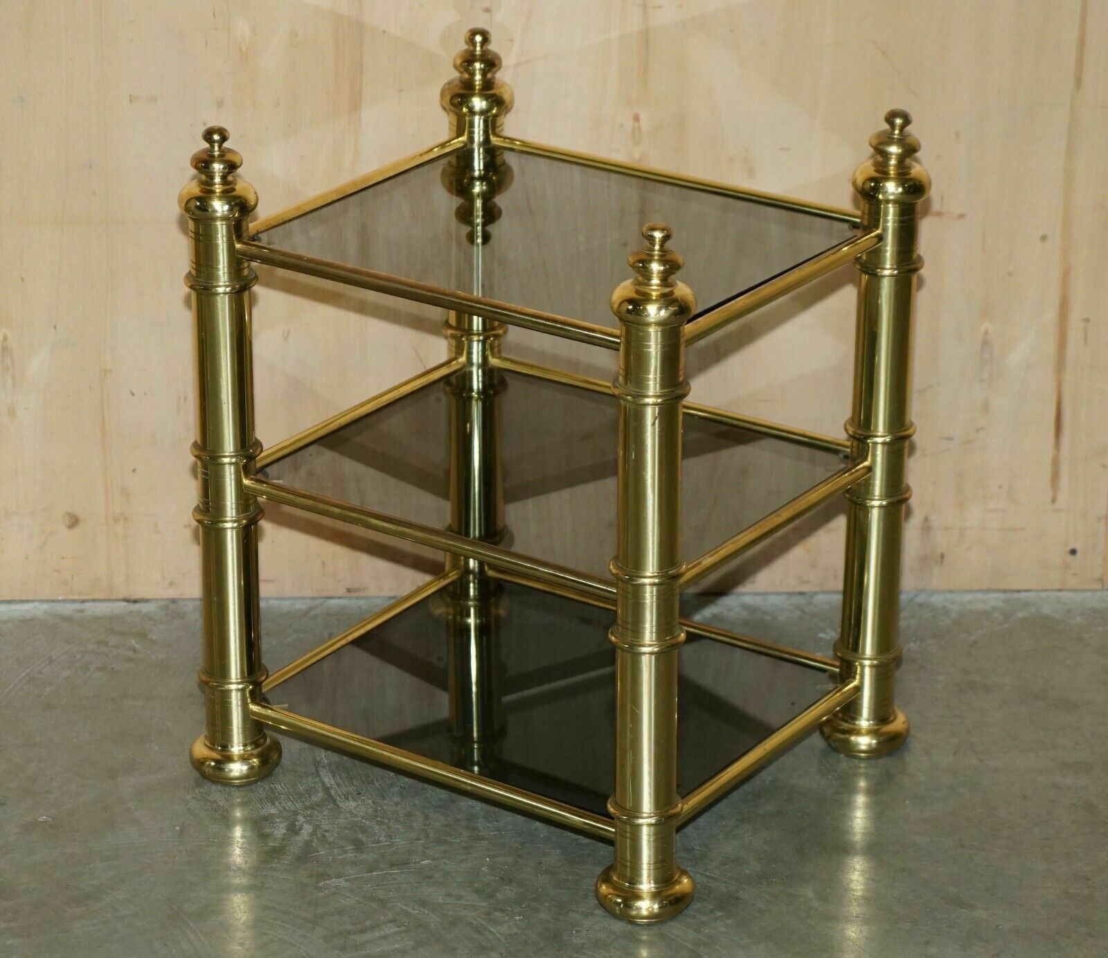 Vintage Pair Of Mid Century Modern Brass & Smoked Glass Etagere Side End Tables photo furniture