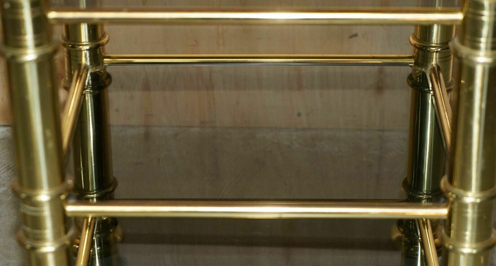 Vintage Pair Of Mid Century Modern Brass & Smoked Glass Etagere Side End Tables photo vinterior