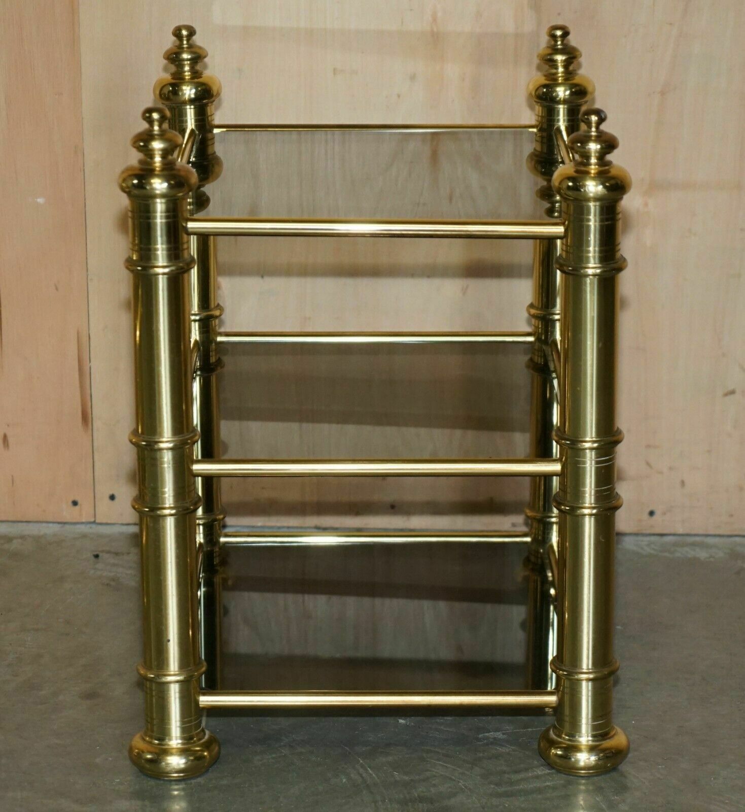 Vintage Pair Of Mid Century Modern Brass & Smoked Glass Etagere Side End Tables photo vintage