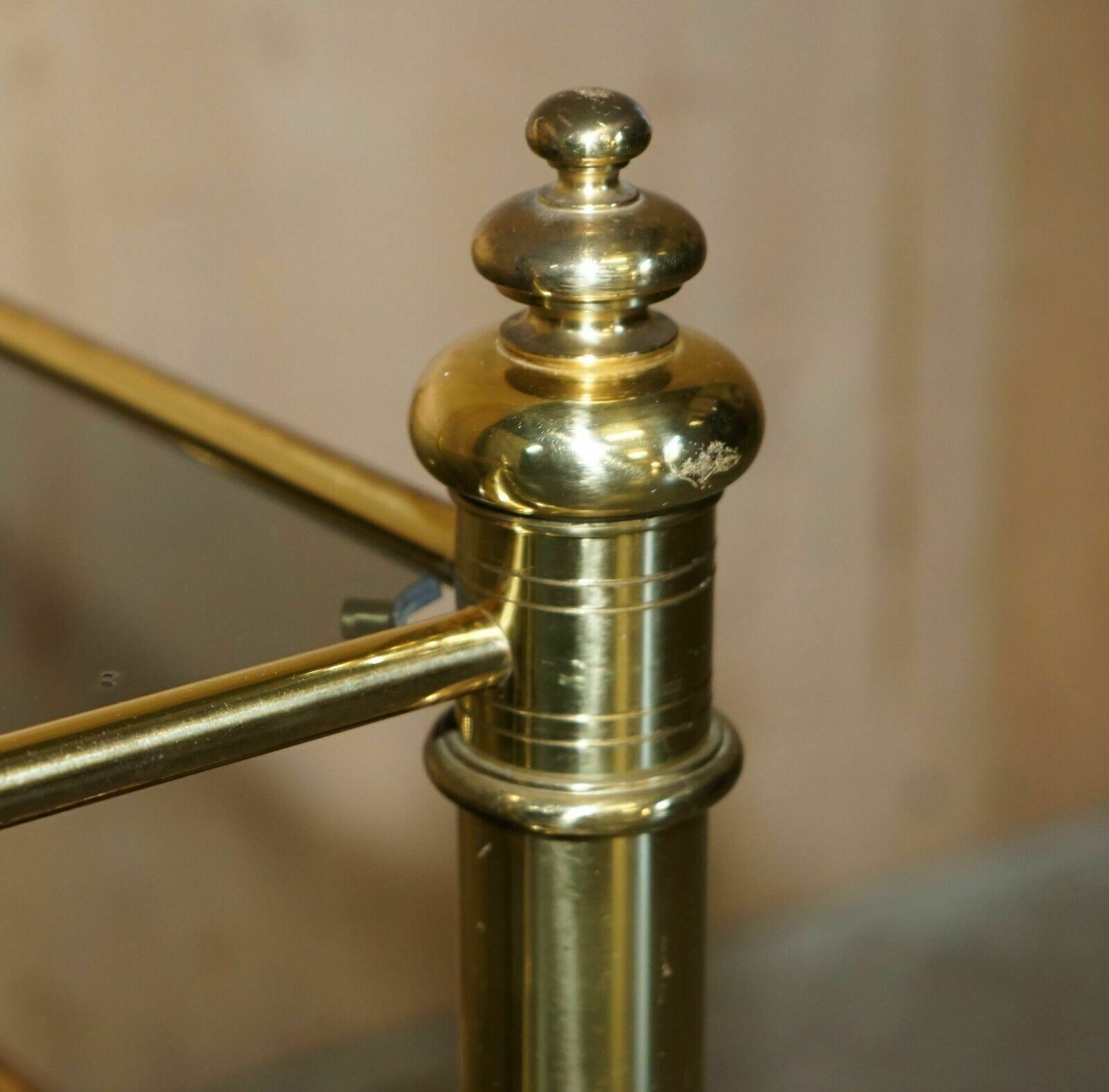 photo for sale Vintage Pair Of Mid Century Modern Brass & Smoked Glass Etagere Side End Tables