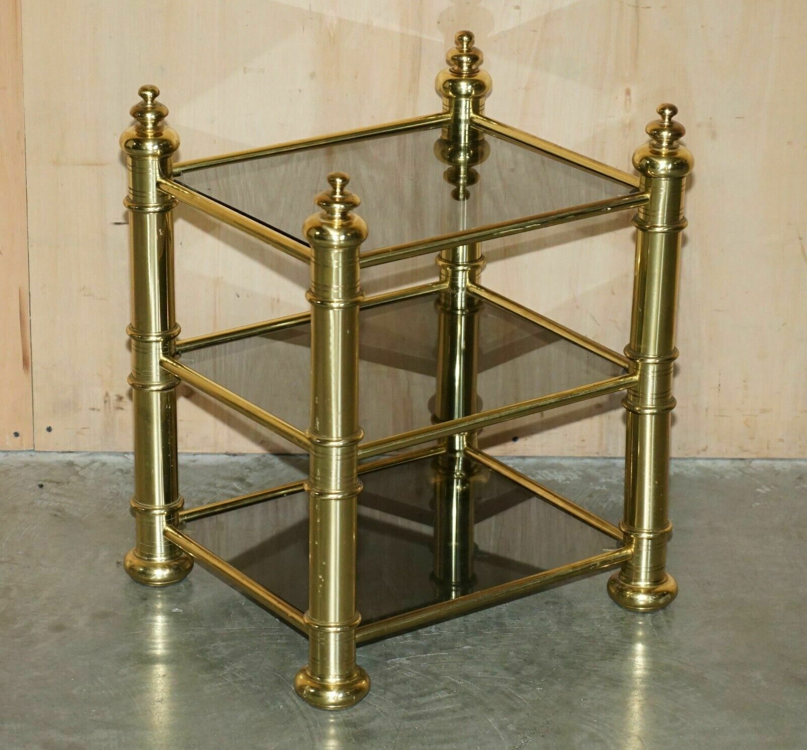 Furniture Vintage Pair Of Mid Century Modern Brass & Smoked Glass Etagere Side End Tables photo