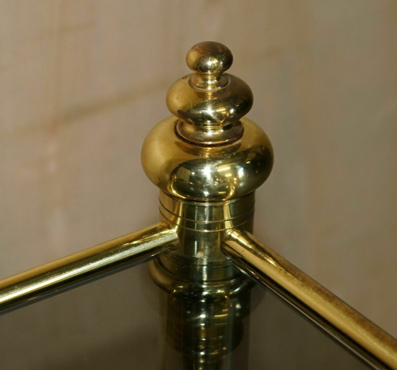 photo vintage Vintage Pair Of Mid Century Modern Brass & Smoked Glass Etagere Side End Tables