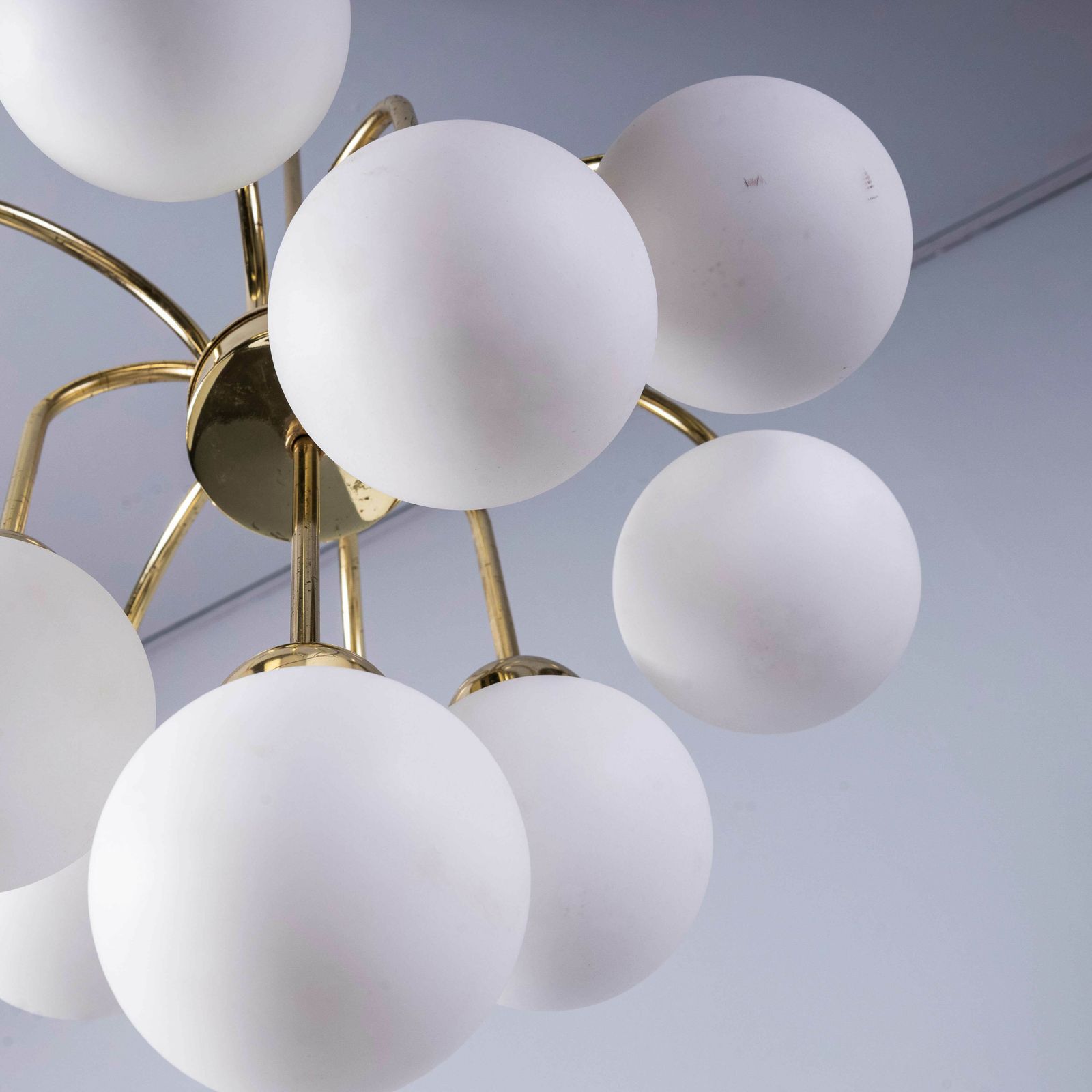 1950’s Original Brass And Opal Globe Pendant Chandelier photo for sale