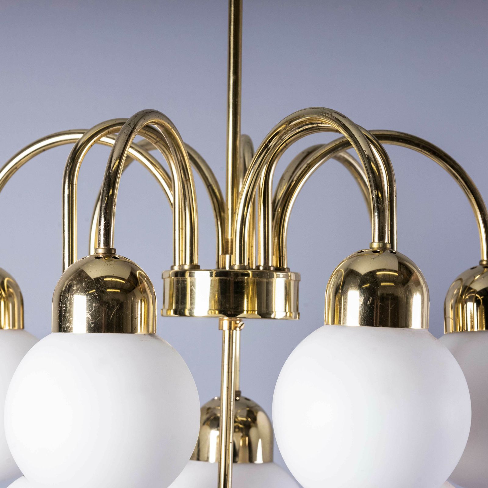 1950’s Original Brass And Opal Globe Pendant Chandelier photo vinterior