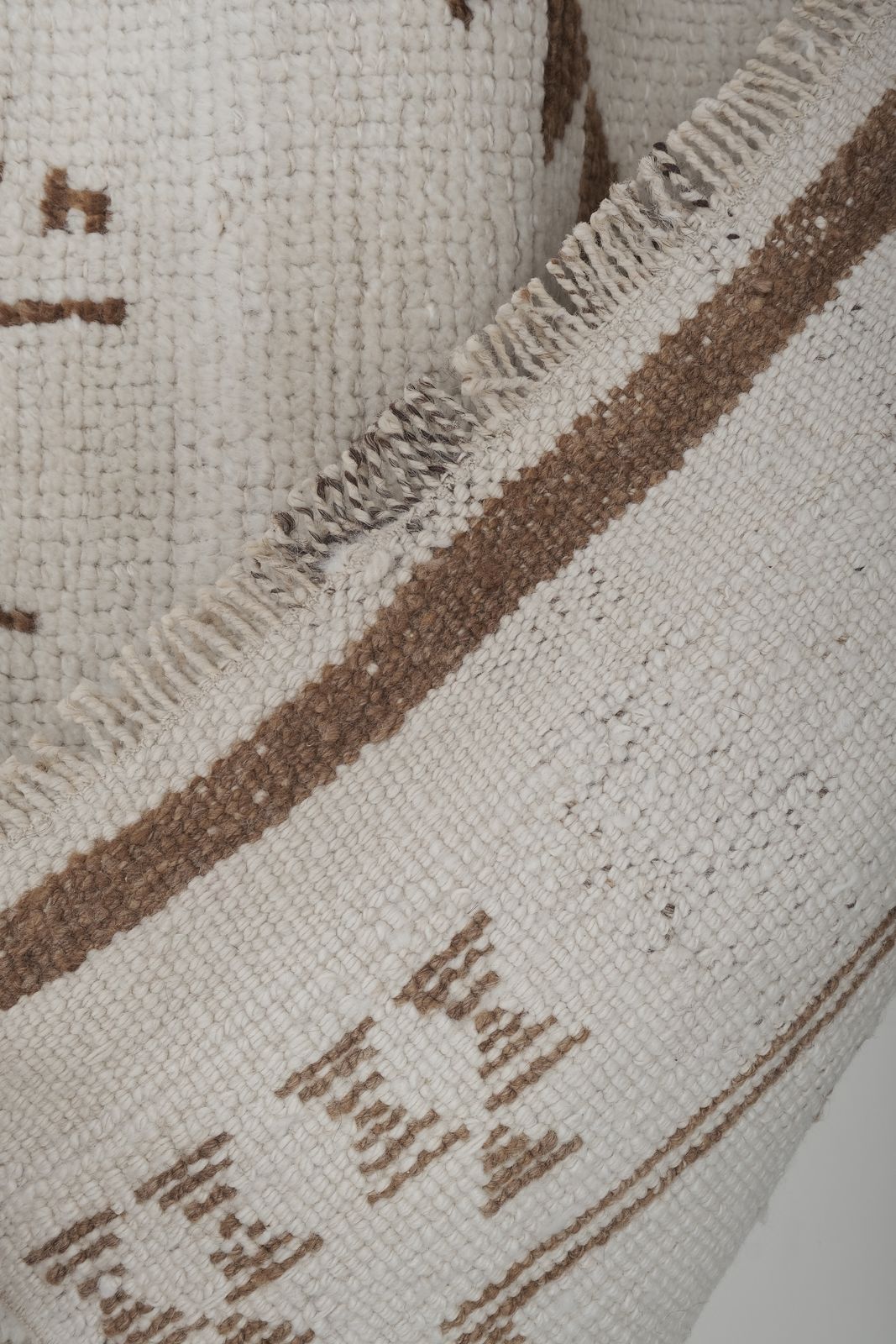 photo for sale White & Brown Vintage Wool Turkish Herki Runner   Designer Carpet