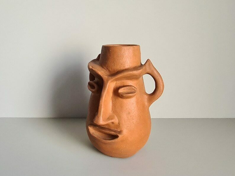 Face Shaped Terracotta Sculpture Vase / 60s / Vintage / Art / Mid Century / 20th Century photo 370.0