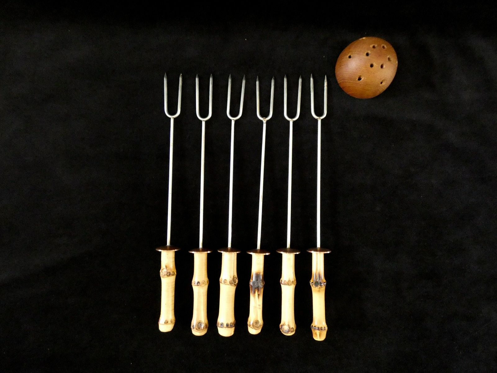 6 Bamboo Handle Fondue Forks, Handmade Bamboo Cutlery And Stainless Steel, France Table Decor 60s photo for sale