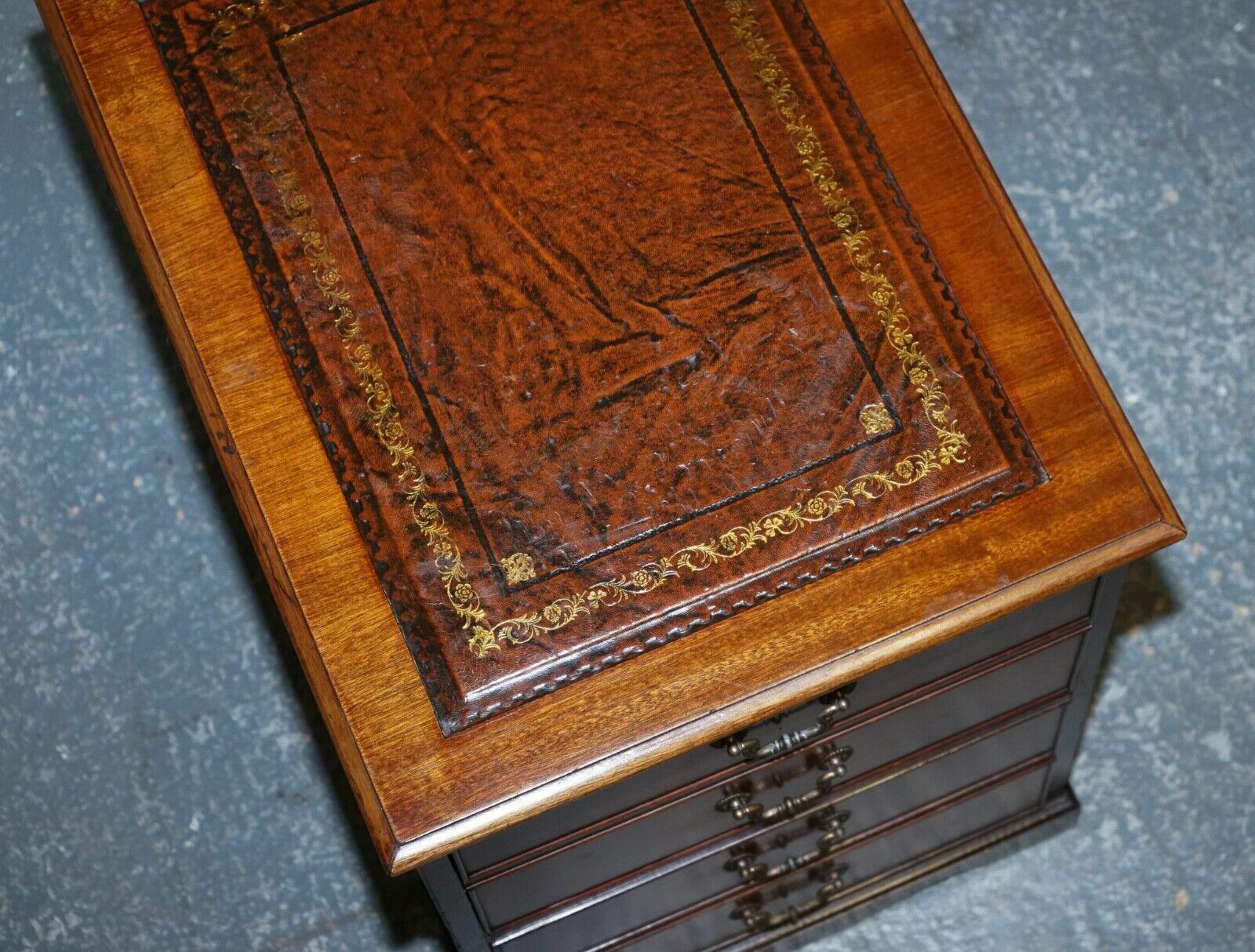 photo buy Mahogany Gold Embossed Brown Leather Top Filling Cabinet