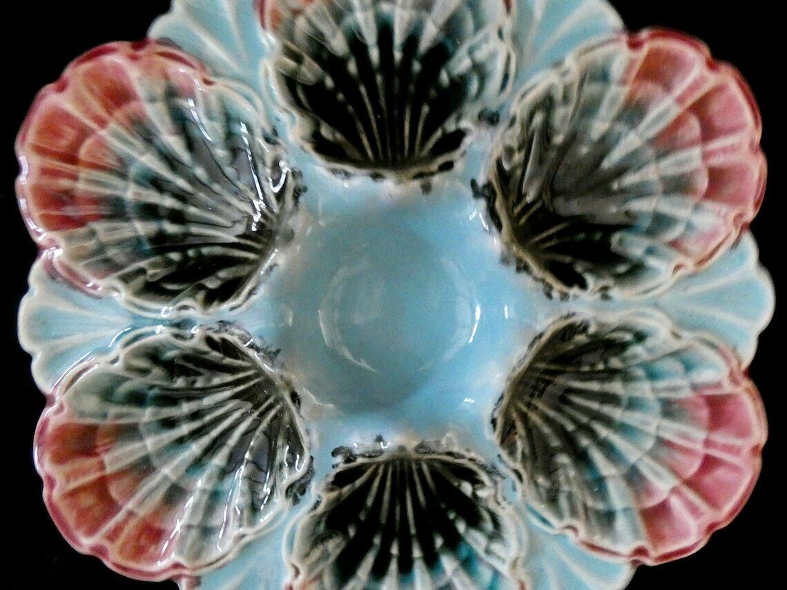 Antique France Fives Lille Oyster Plate Circa 1890, Majolica Turquoise Oyster Platter, Rare Collector's Plate photo furniture