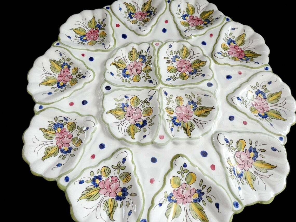 Rare Large Moustiers Martres Tolosane Oyster Platter Floral Oyster Plate, Antique Majolica Oyster Platter, M Tolosane Pottery, France 40s photo furniture