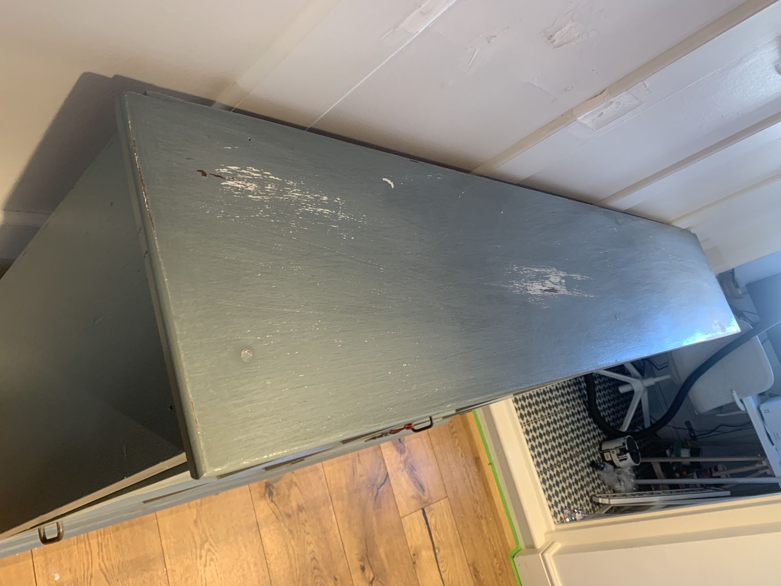 Vintage Wooden Display Cabinet Painted In A Distressed Look Using Farrow And Ball Incyra Blue. Decorative Farrow And Ball Paper To The Rear Internal Walls Using Double Sided Tape Which Can Easily Be Removed photo vinterior