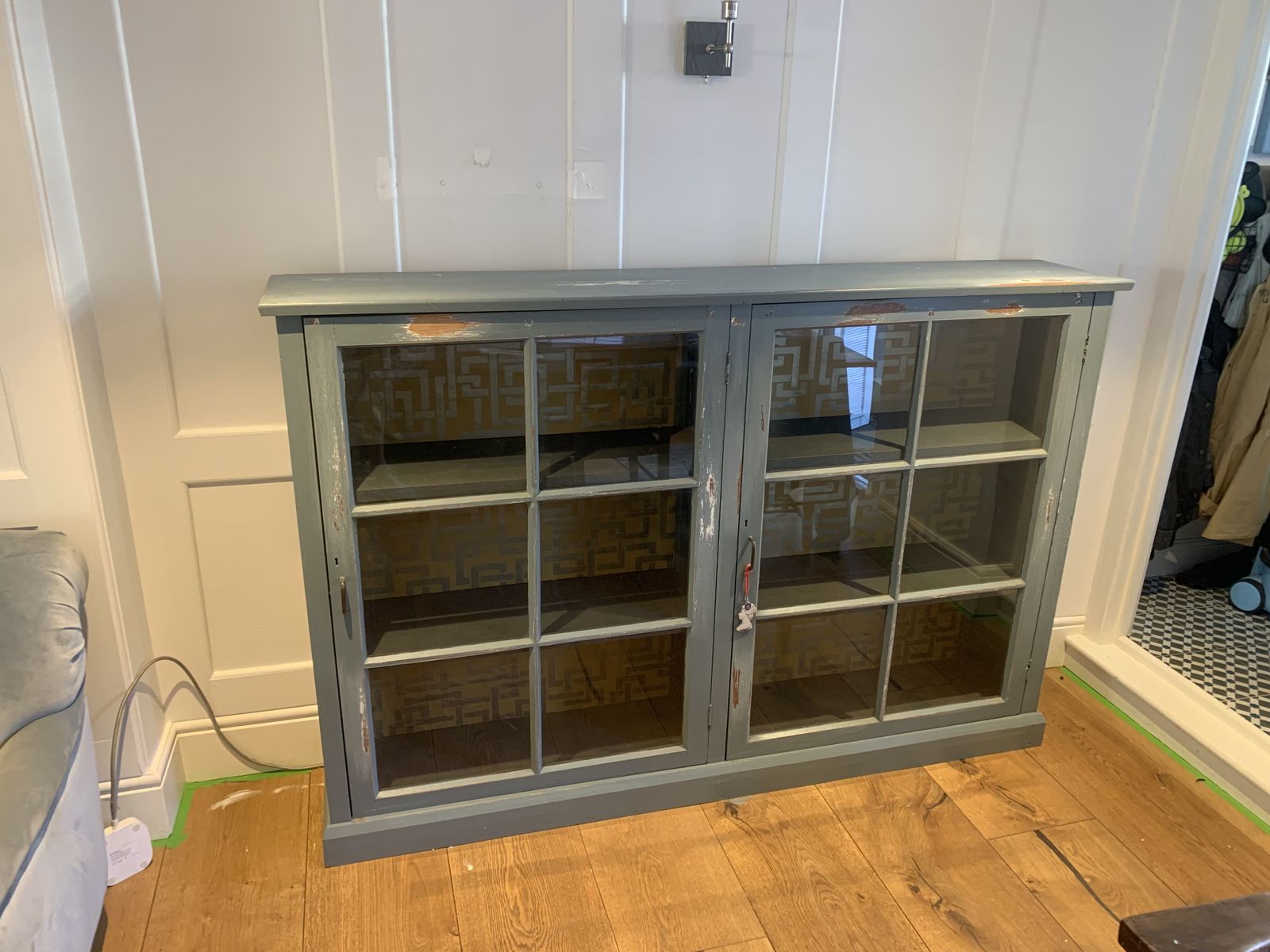 Vintage Wooden Display Cabinet Painted In A Distressed Look Using Farrow And Ball Incyra Blue. Decorative Farrow And Ball Paper To The Rear Internal Walls Using Double Sided Tape Which Can Easily Be Removed photo furniture