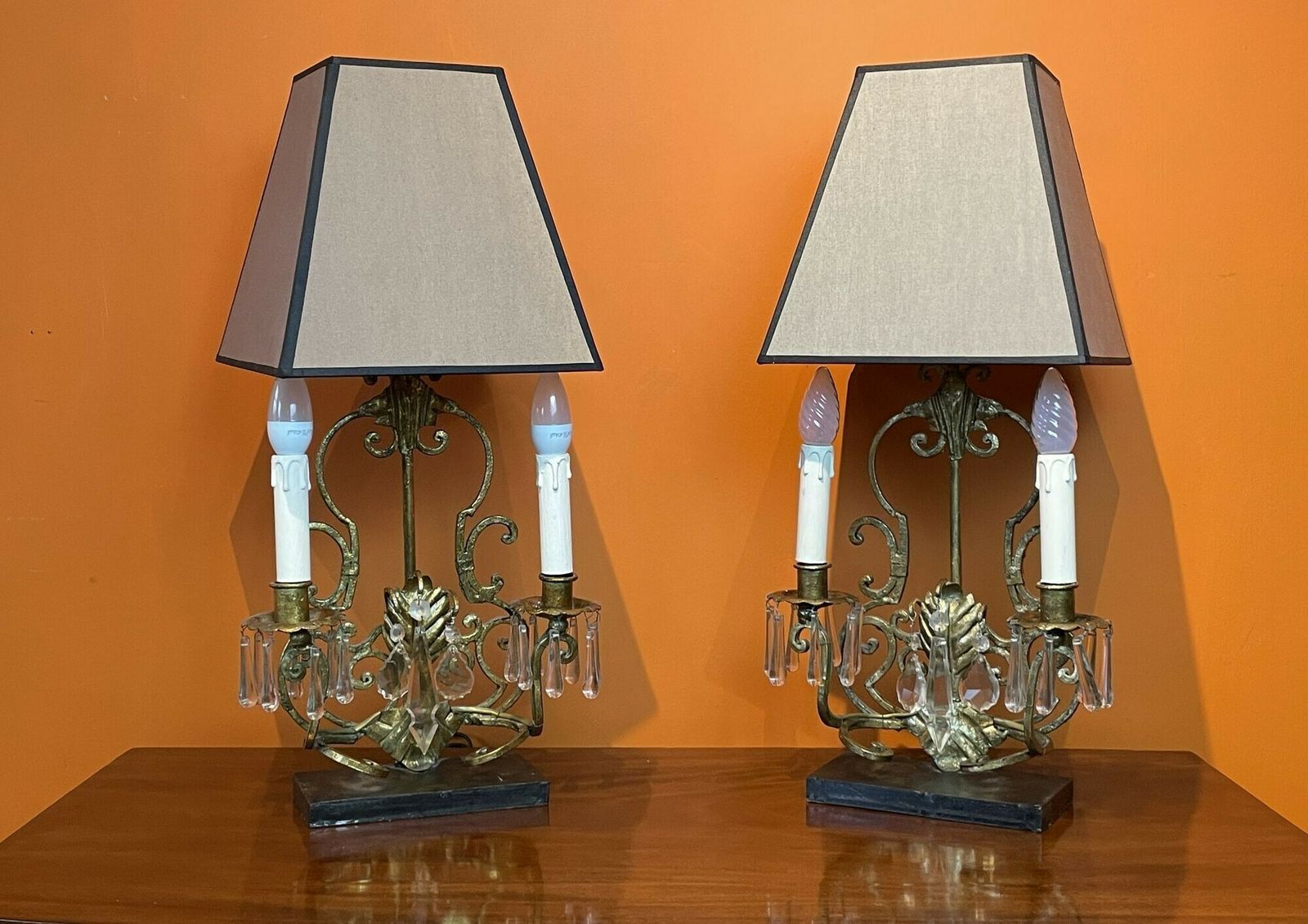 Pair Of Gilt Wrought Iron Twin Branch Table Lamps With Glass Drops photo furniture