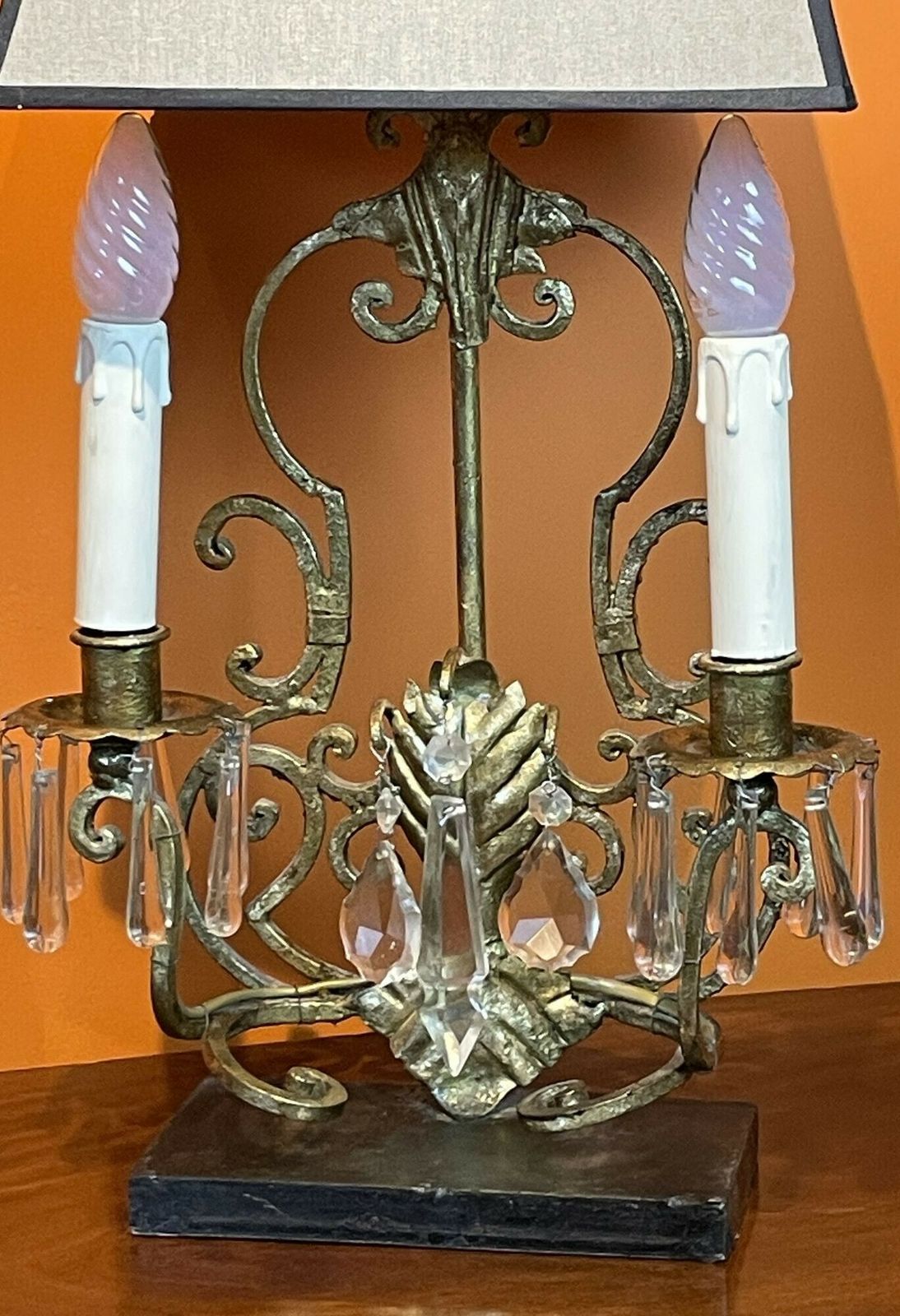 Pair Of Gilt Wrought Iron Twin Branch Table Lamps With Glass Drops photo Lighting