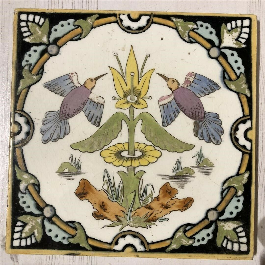 Set Of 3 Antique Tiles By Minton Hollis &Co Handpainted Bird Design 19th Century photo buy
