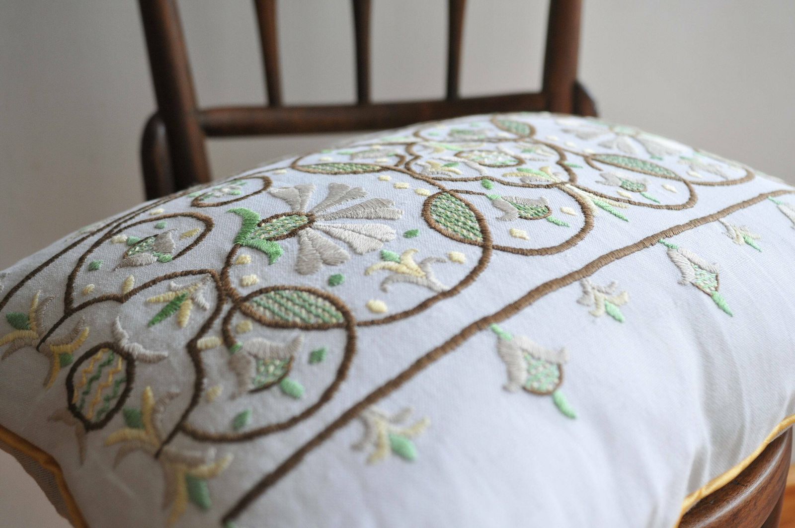 Vintage Hand Embroidered Pillowcase With Tendril Design   Farmhouse Style Rustic Pillow Cover   Floral Embroidery Decorative Pillow Piping photo 90.0