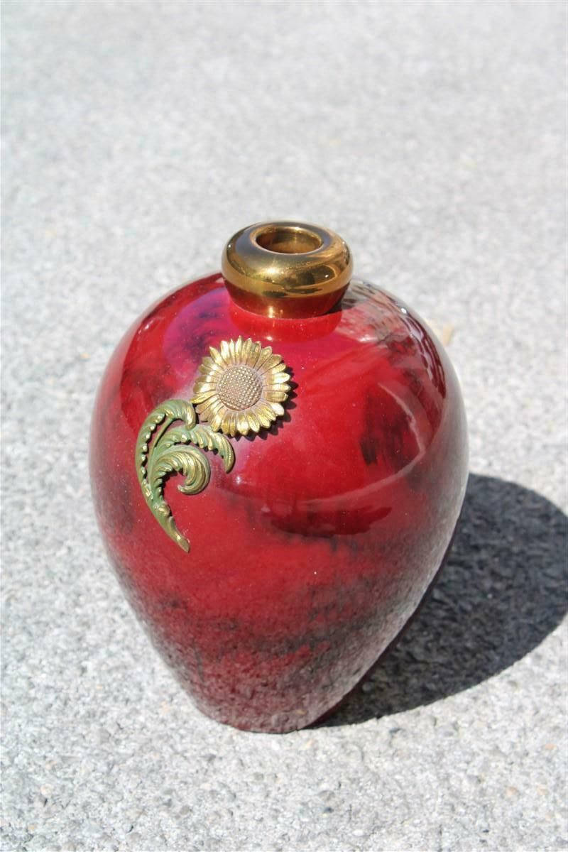 Red Ceramic Vase With Gold And Brass Inserts 1930s Art Deco Italy photo buy